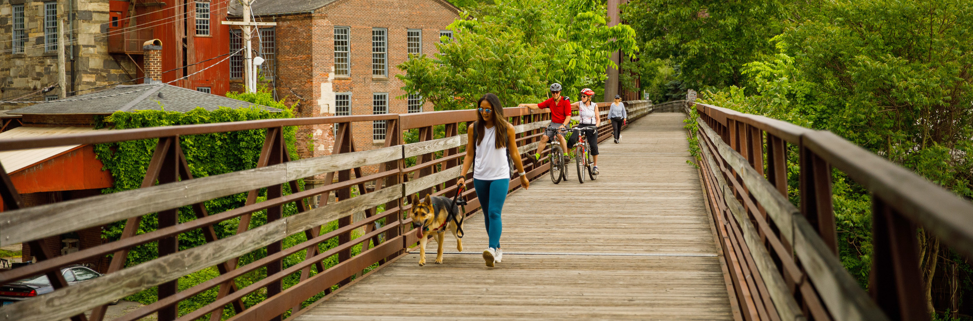people walking on a wooden bridge