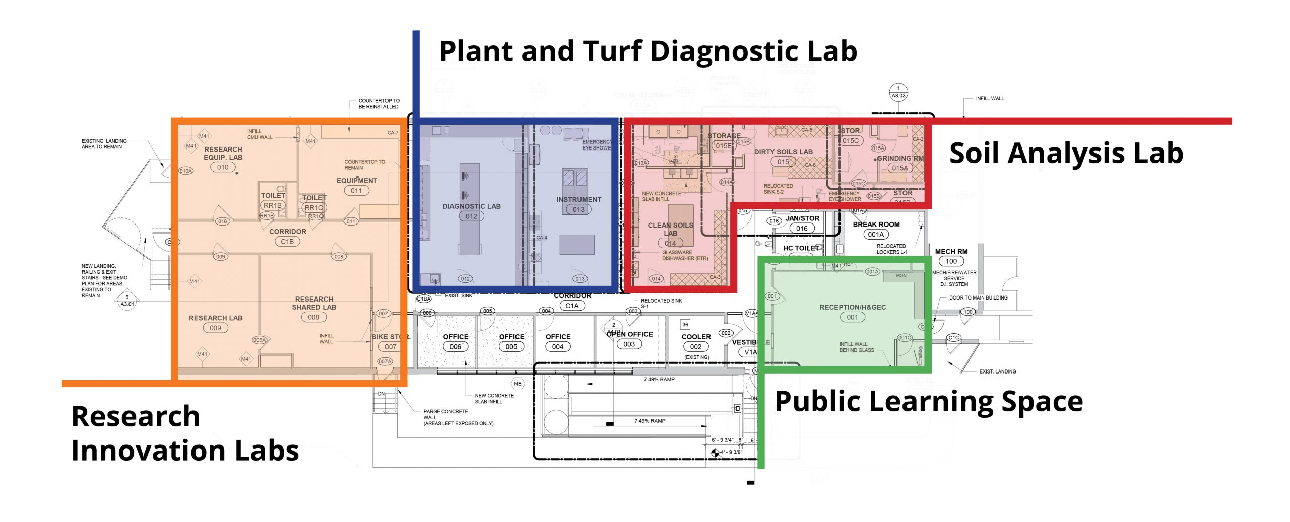 internal map showing the locations of the Research Innovation Lab, the Plant and Turf Diagnostic Lab, the Soil Analysis Lab, and the Public Learning Space.