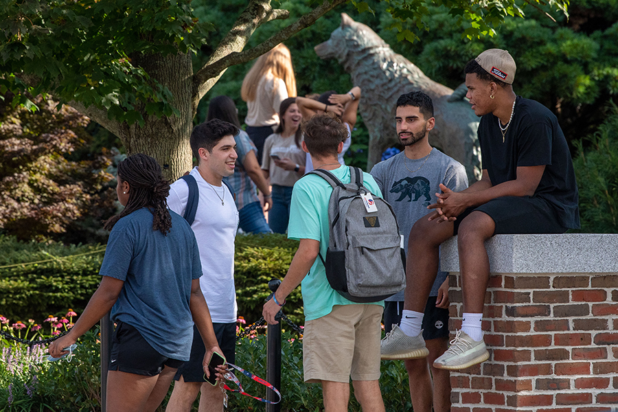 students gather outside